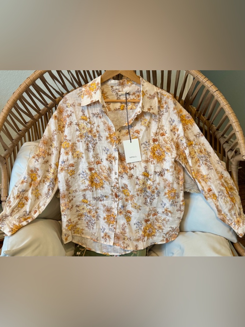 Free People X Spell Meadowland Linen Blouse Buttondown Top | Cream | XS | NWT - Picture 2 of 16